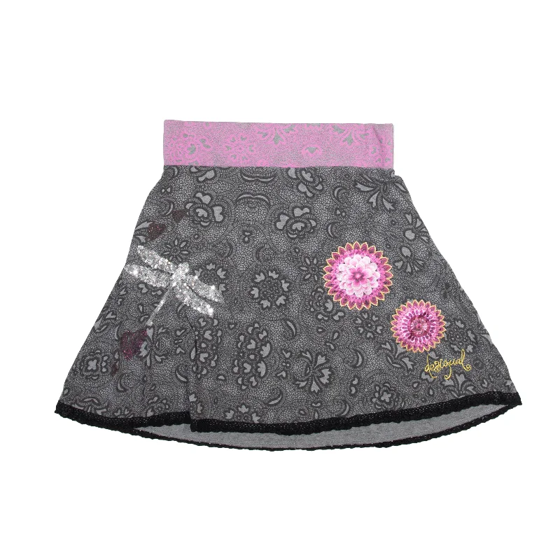 Dragon Fly Short Flare Skirt Grey Floral Womens UK 10 leather skirt sleek
