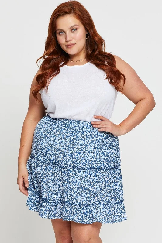 Floral Print Mini Wrap Skirt Ruffle Hem denim skirt stylish
