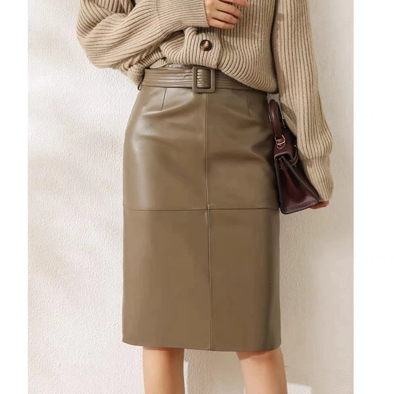Genuine Leather High-Waist Versatile Mid-Length Skirt Bottom leather skirt bold