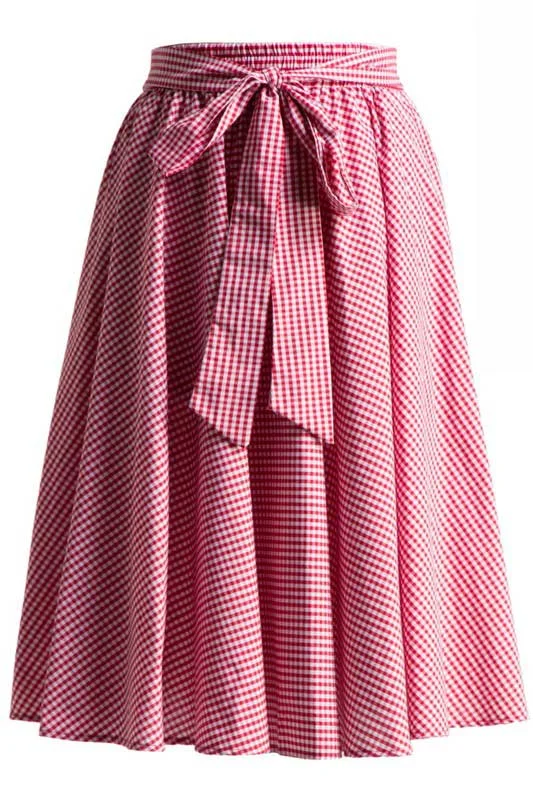 Gingham Swing Skirt with Stretch Waist in Red linen skirt breathable