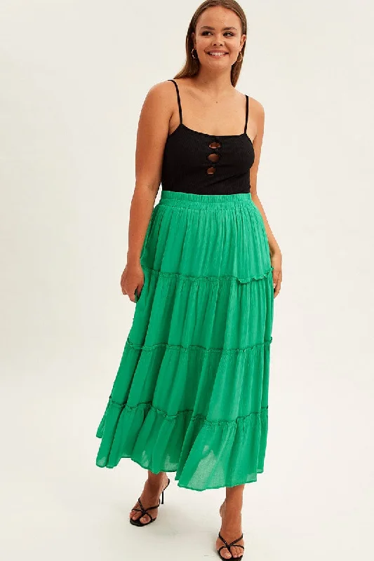Green Tiered Maxi Skirt chiffon skirt delicate
