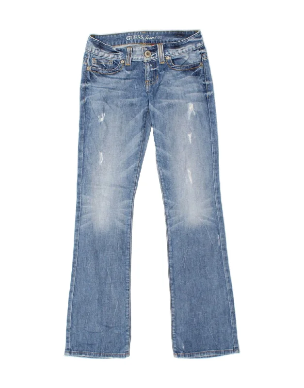 GUESS Womens Distressed Bootcut Jeans W27 L32  Blue Cotton Chic Rip-Detail High-Waist Jeans