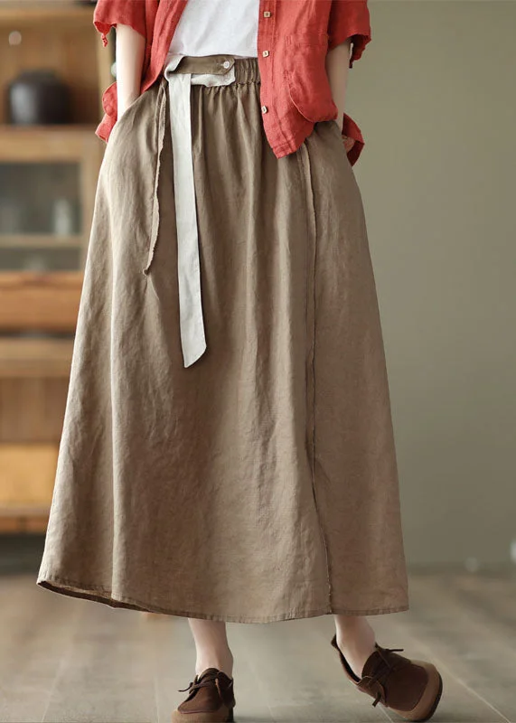 Handmade Khaki Elastic Waist Patchwork Linen Skirt Summer denim skirt durable