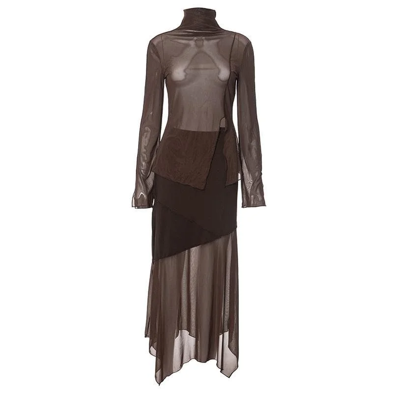 High neck long sleeve mesh slit midi skirt set chiffon skirt lightweight