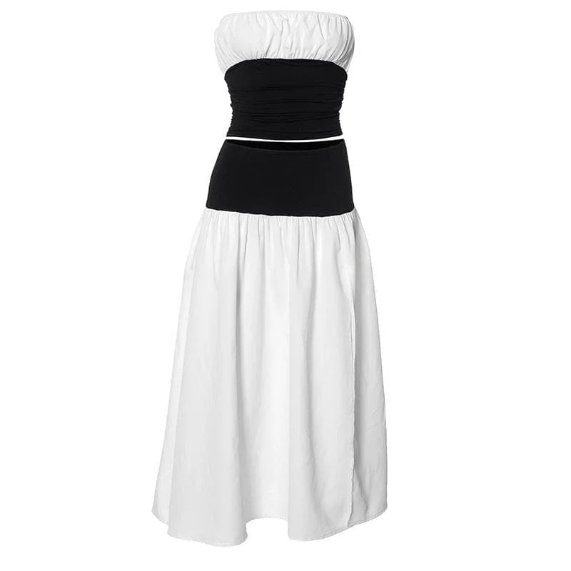 High slit contrast tube midi skirt set linen skirt natural