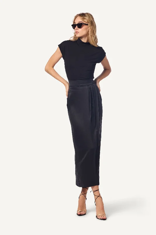 IRIS FAUX WRAP SKIRT WITH SLIT | BLACK leather skirt bold