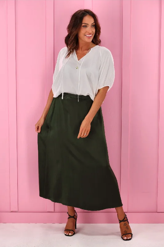 Jane James Angelica Sateen Skirt Olive zip skirt side