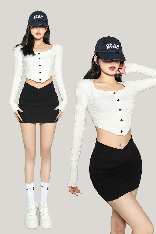 Jeanee Solid Color Black V-shaped High-waisted Slim Mini Skirt low waist skirt