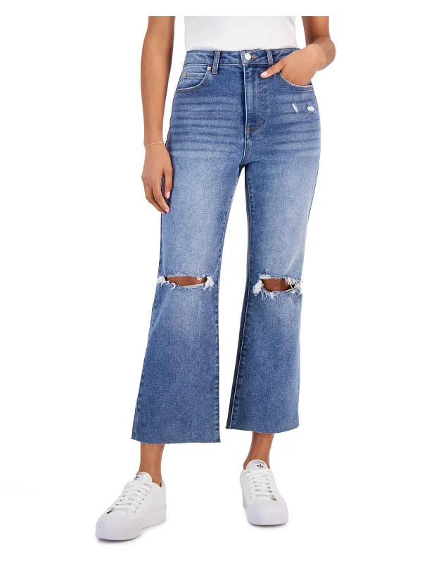 Juniors Womens High Rise Destroyed Flared Jeans Trendy Wide-Legged High-Waist Jeans