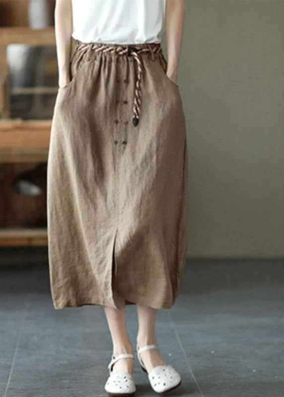 Khaki Asymmetrical Design Patchwork Summer Ramie A Line Skirt silk skirt sleek