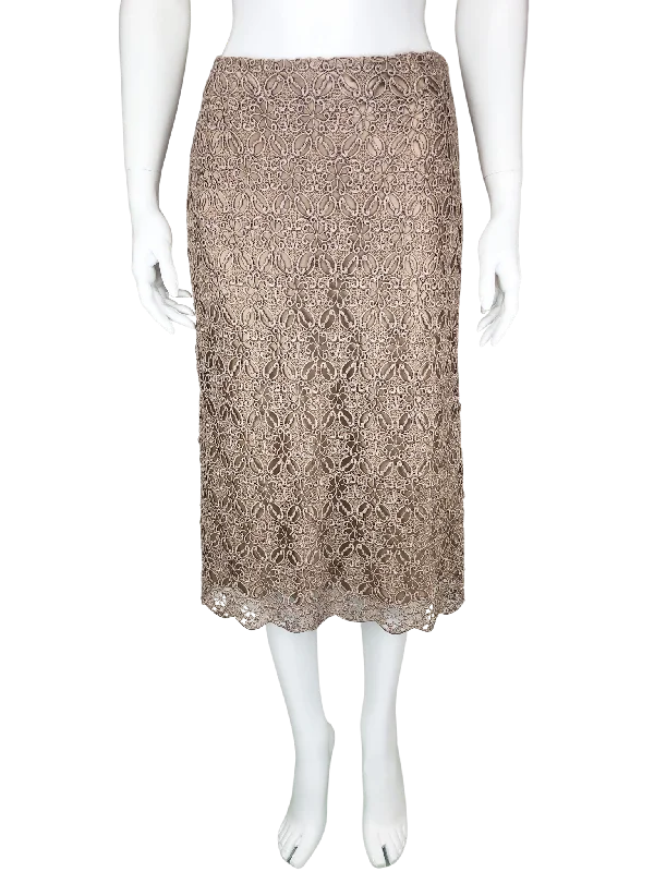 Lafayette 148, Women's Lace Midi Skirt, Taupe, Size 6 ruffled skirt detail