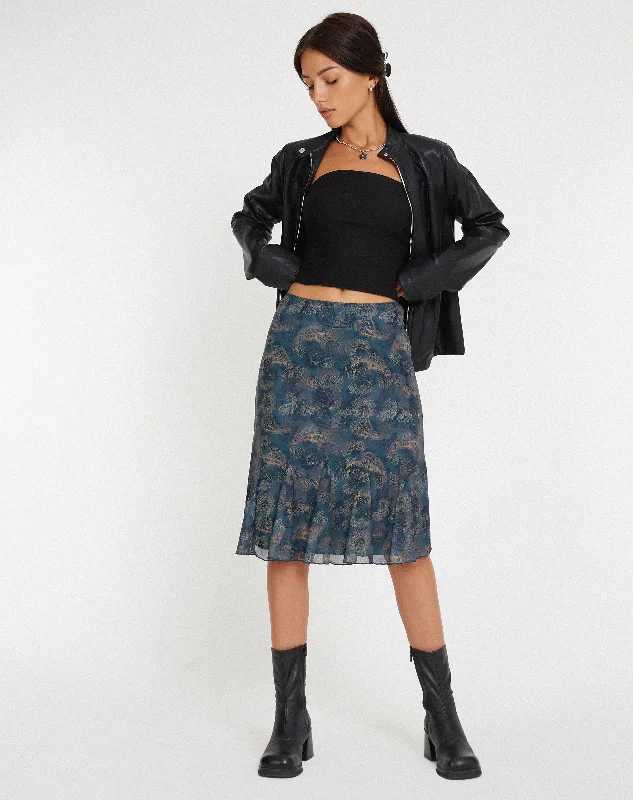 Latrix Mesh Midi Skirt in Tonal Blue Paisley velvet skirt plush