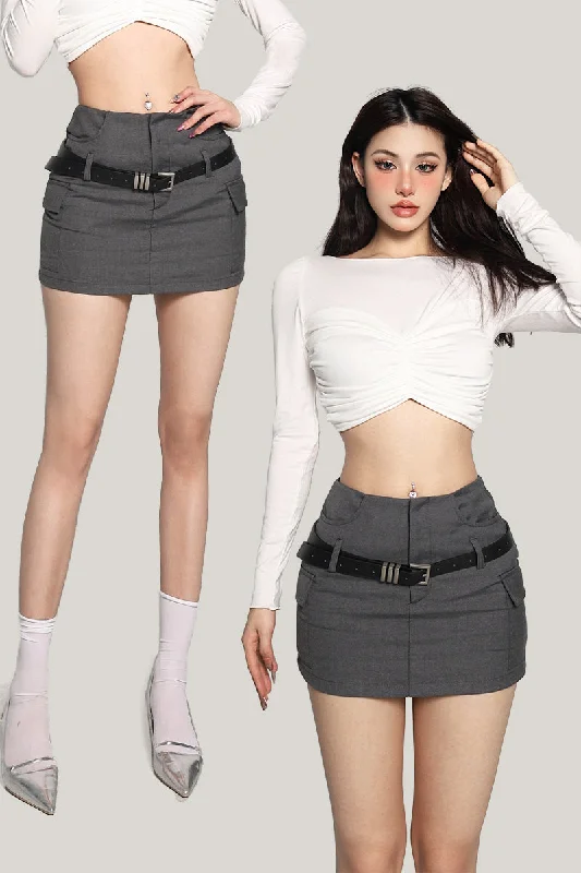 Liliana Solid Color Dark Gray High-Waist Belt Waist Slim Mini Skirt high slit skirt