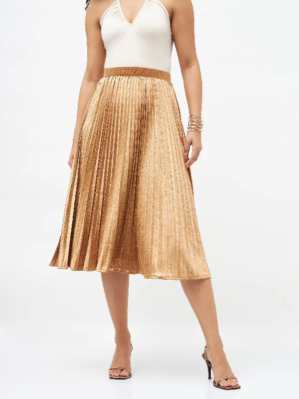 Lyush Women Gold Velvet Pleated Skirt leather skirt bold