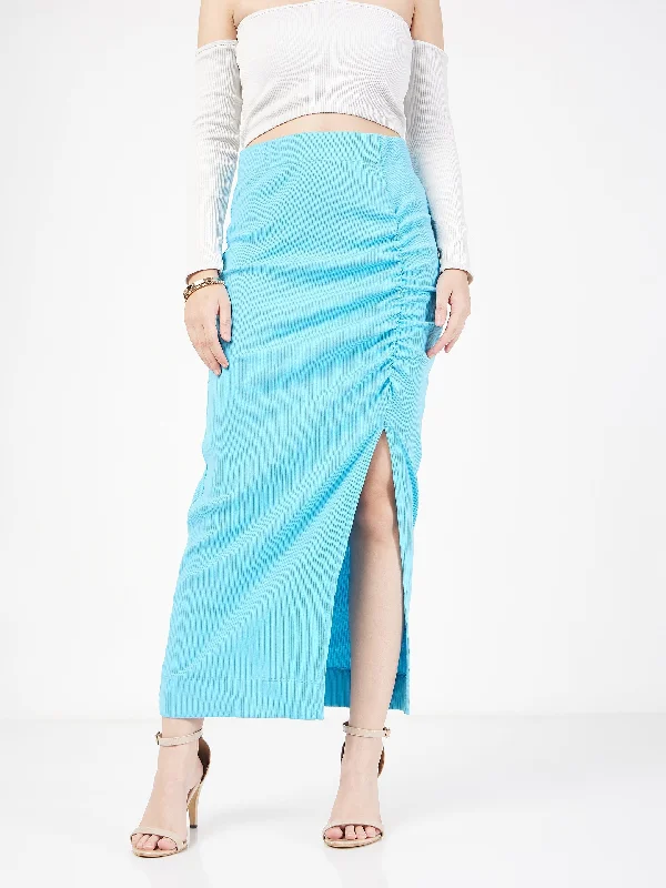 Lyush Women Turquoise Rib Front Ruched Midi Skirt lace skirt romantic