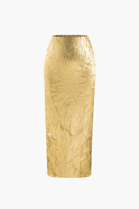 Metallic Textured Midi Skirt denim skirt casual