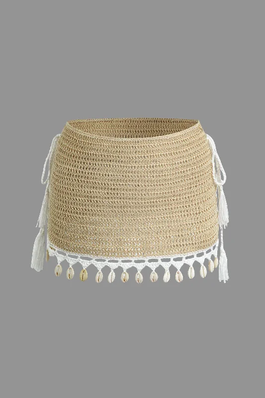 Crochet Shell Tassel Knit Skirt linen skirt natural