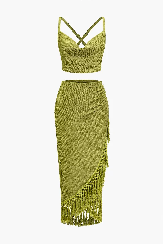 Solid Cowl Neck Top And Fringe Ruched Skirt Set cashmere skirt soft