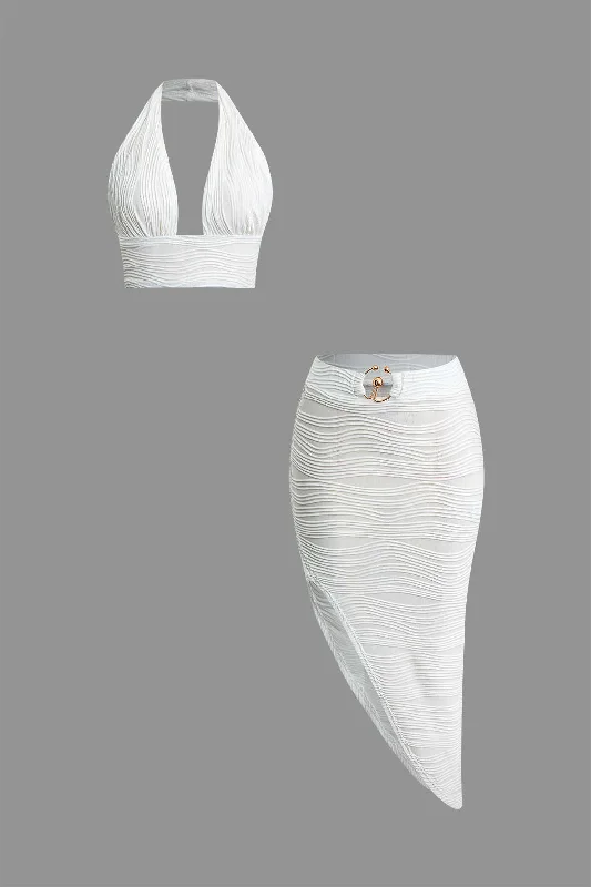 Textured Halter Backless Skirt Set flowy skirt hem
