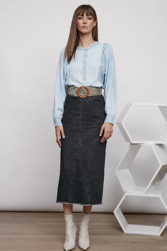 MDRN Zaria Denim Midi Skirt. spandex blend skirt