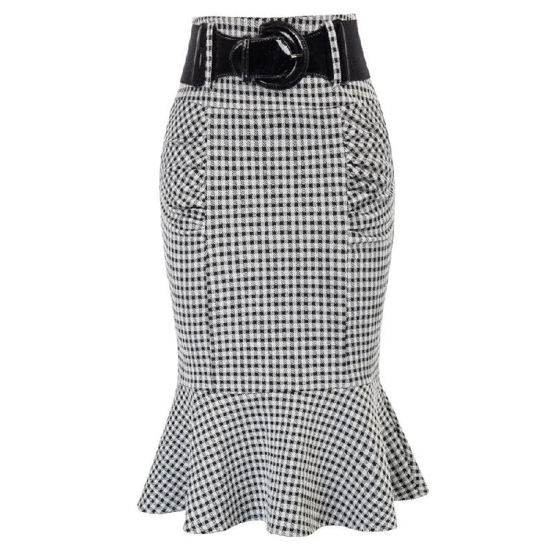 Houndstooth Mermaid Hem Shirred Detail Pencil Skirt with Belt velvet skirt plush