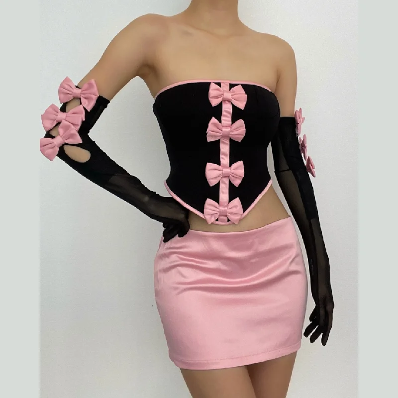Mesh contrast bowknot gloves lace up tube backless mini skirt set satin skirt smooth