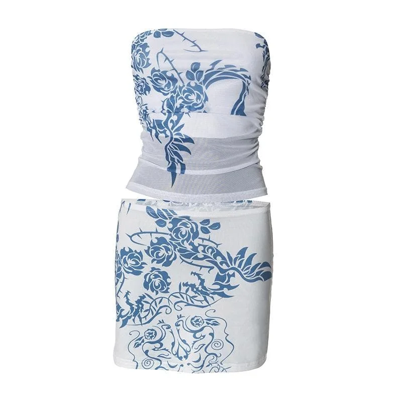 Mesh flower print tube mini skirt set leather skirt modern