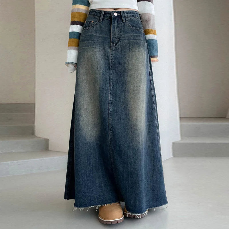 New Style American Denim Long Skirt with Worn Pockets Bottom chiffon skirt delicate