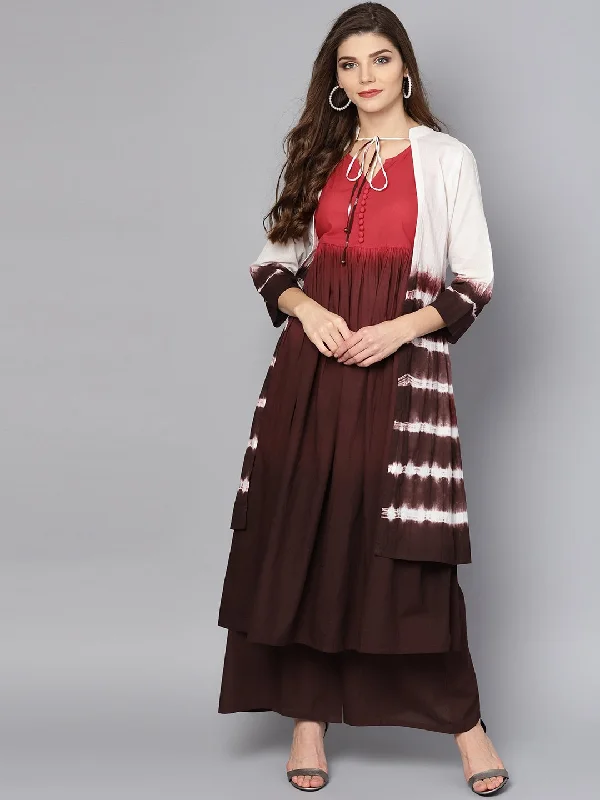 NOZ2TOZ Multi Color Omree Dyed 3/4Th Sleeve Cotton Kurta With Ankle Length Skirt & White Jacket linen skirt natural NOZ2TOZ Multi Color Omree Dyed 3/4Th Sleeve Cotton Kurta With Ankle Length Skirt & White Jacket linen skirt natural
