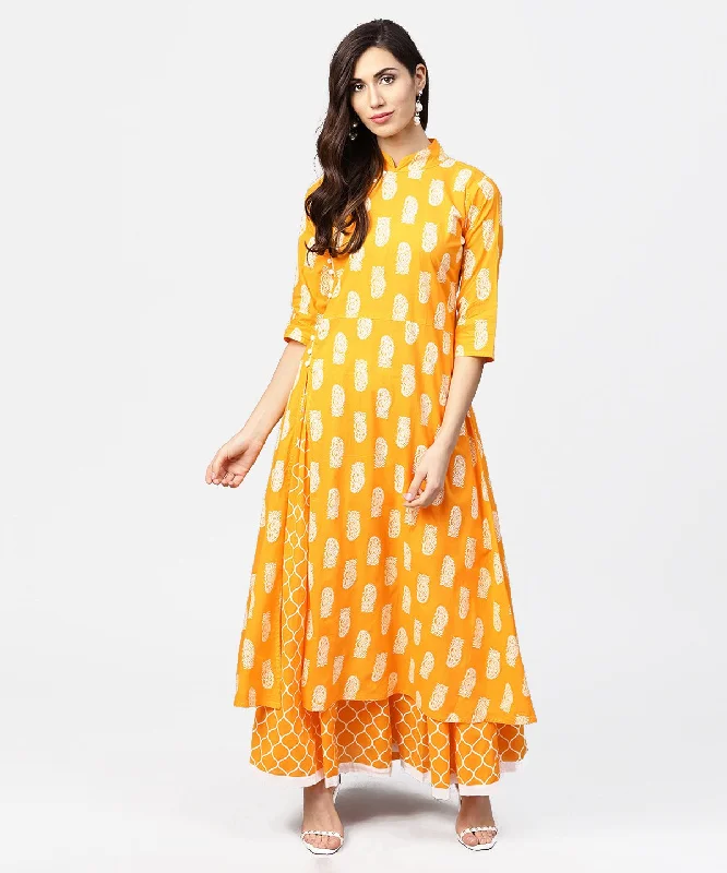 NOZ2TOZ Yellow Printed 3/4Th Sleeve Cotton A-Line Kurta With Flared Ankle Length Skirt cashmere skirt fine