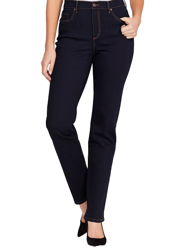 Petites Womens High Rise Dark Wash Straight Leg Jeans Comfortable Stretch Denim Jeans