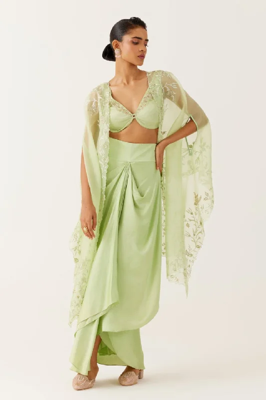 Pistachio Green Sequined Cape and Draped Skirt Set high slit skirt