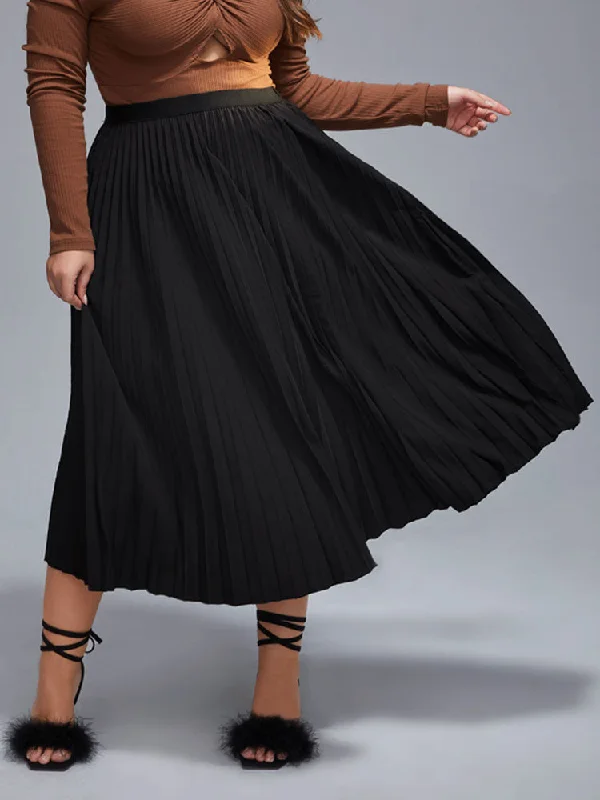 Plus Black Elastic Waist Pleated Skirt spandex blend skirt