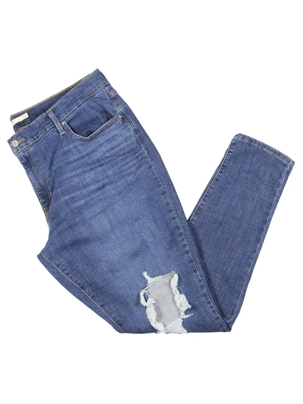 Plus Womens High Rise Distressed Skinny Jeans Trendy Pleated Waist Jeans