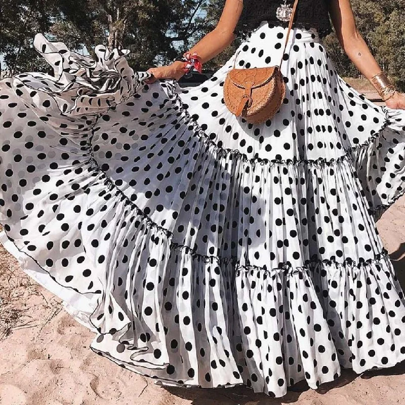 Polka Dot Maxi Layered High Waist Pleated Skirt chiffon skirt floaty