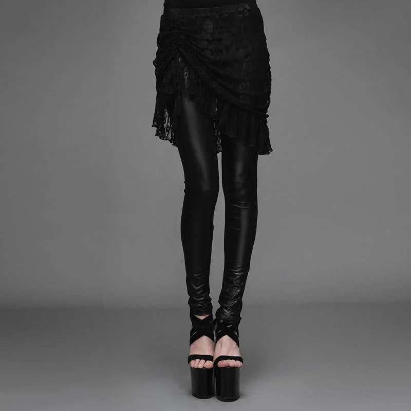 Women's Punk Leggings With  Ruched Lace Skirt ribbed skirt waist
