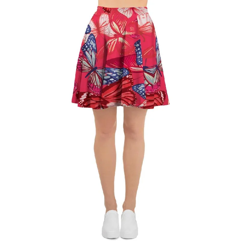 Red and Blue Butterfly Print Women's Skirt relaxed fit skirt