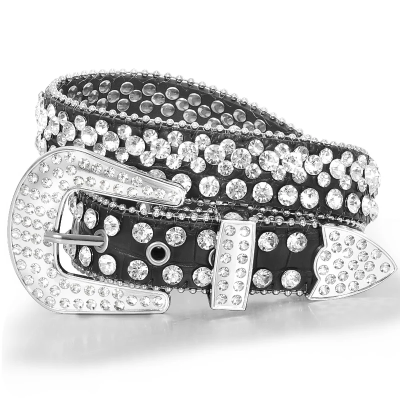 Rhinestone Belt for Men Women Western Cowboy Cowgirl Bling Studded Leather Belt for Jeans Pants Fashionable Button-Front Jeans