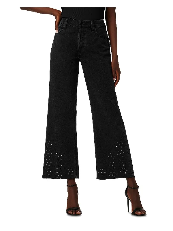 Rosie Womens Embellished Raw Hem Wide Leg Jeans Casual Distressed Skinny Jeans
