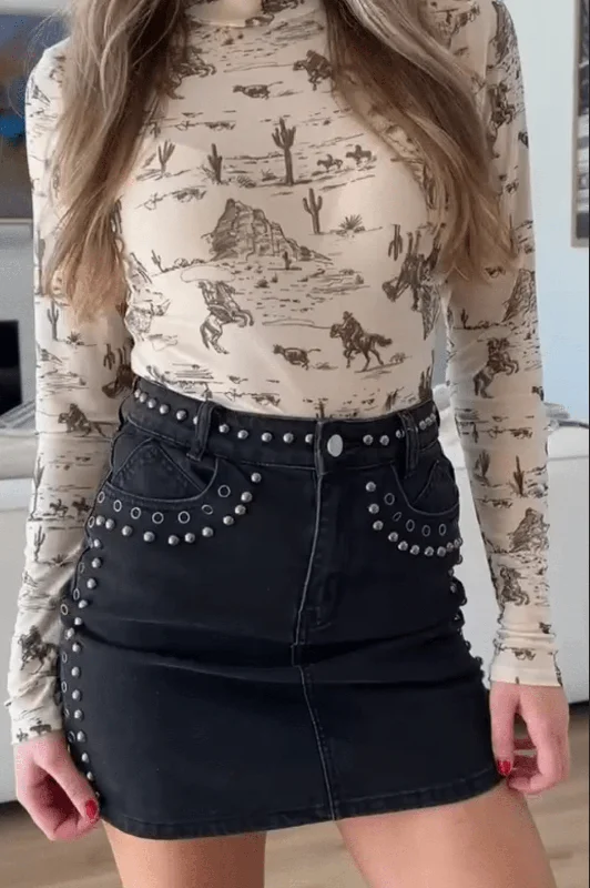 Studded Denim Mini Skirt - Black (FINAL SALE) elastic waist skirt