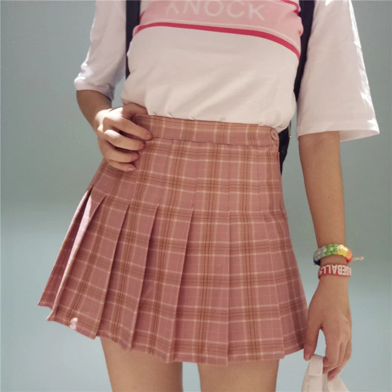 Sweet Pleated Plaid Skirt YV528 linen skirt natural