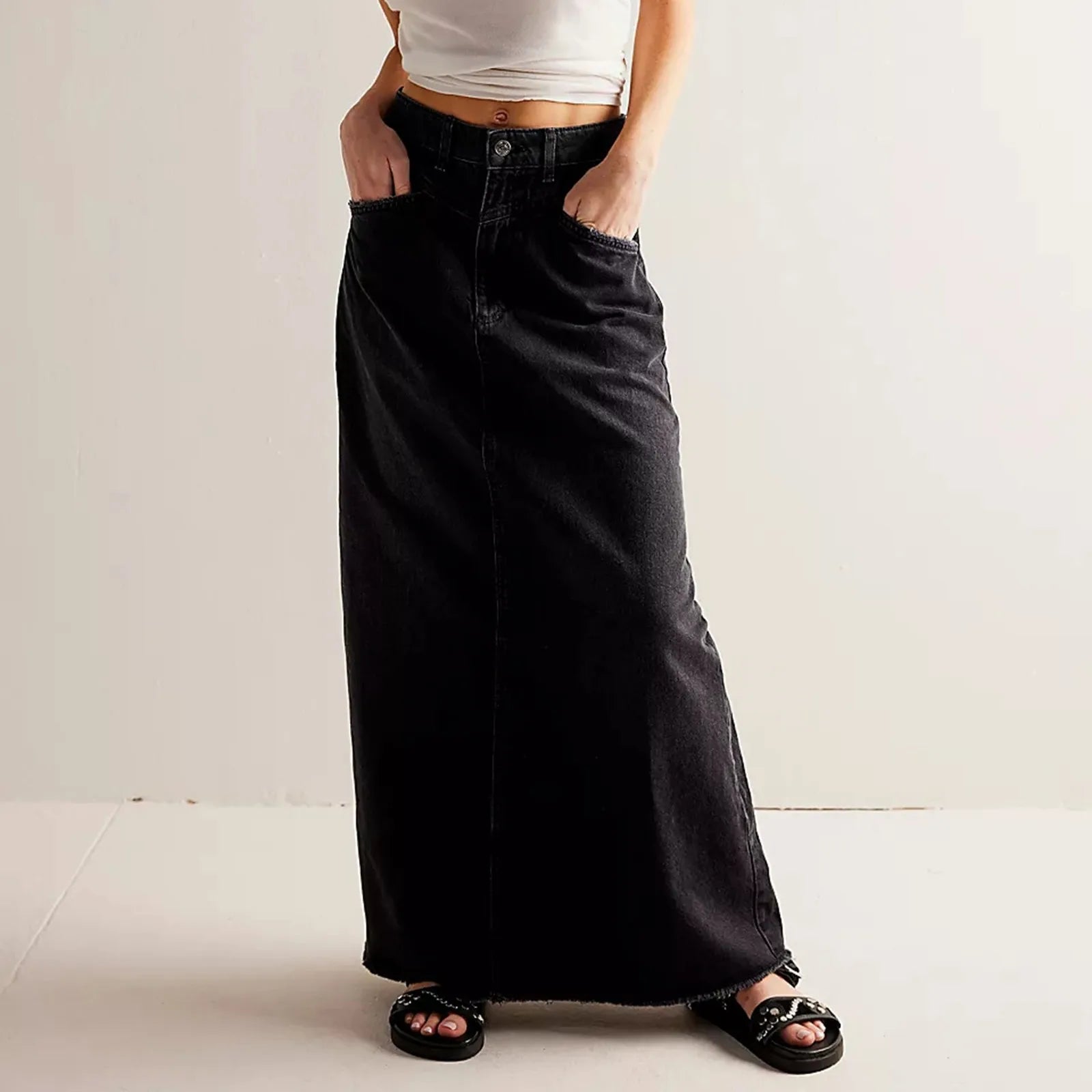 Trendy Buttoned Denim Hip Wrap Long Skirt Bottom cotton skirt soft
