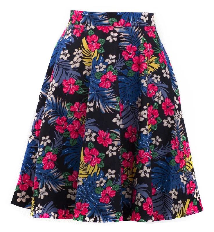 Tropical Hibiscus Floral Swing Skirt elastic waist skirt