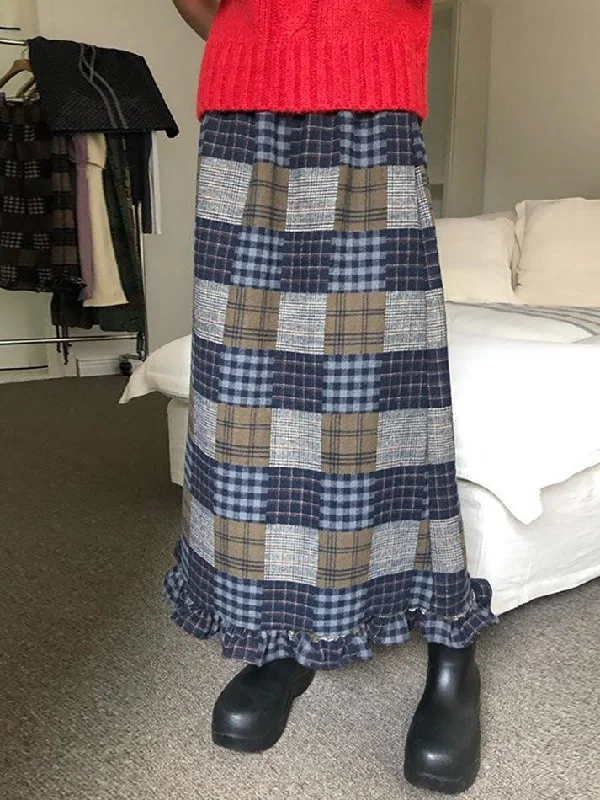 Vintage High Waisted Plaid Ruffle Skirt linen skirt light