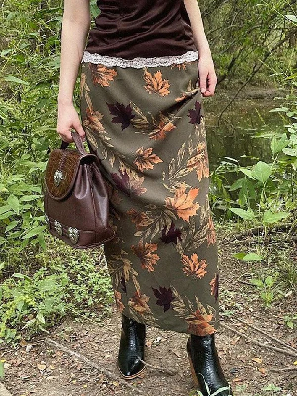 Vintage Maple Leaf Print Slit Skirt leather skirt sleek