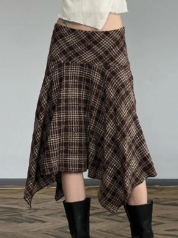 Vintage Plaid Contrast High-Waisted Asymmetrical Skirt corduroy skirt comfortable