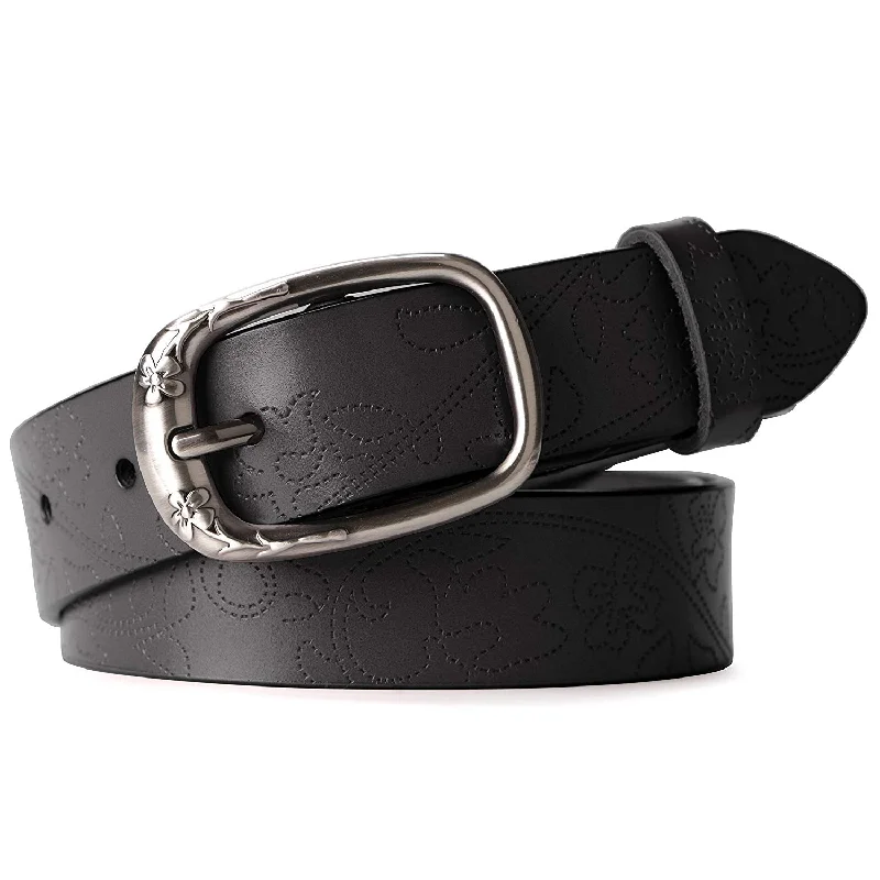 Classic Women Leather Belts for Jeans Floral Embossed Waist Strap with Pin Buckle Stylish High-Waist Skinny Denim Classic Women Leather Belts for Jeans Floral Embossed Waist Strap with Pin Buckle Stylish High-Waist Skinny Denim