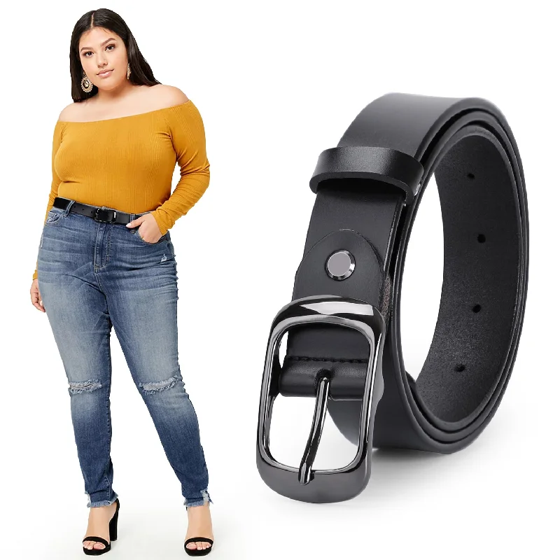 Women Black Leather Belt Plus Size Polished Buckle for Jeans Pants Elegant Wide-Leg Jeans