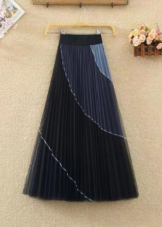 Women Black Wrinkled Patchwork Elastic Waist Tulle Skirt Spring leather skirt modern Women Black Wrinkled Patchwork Elastic Waist Tulle Skirt Spring leather skirt modern