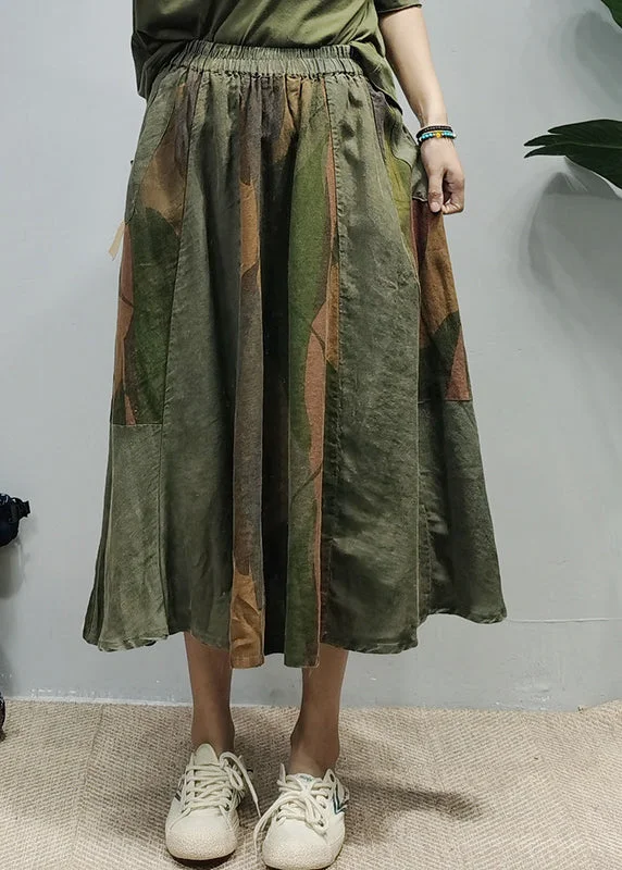 Women Green elastic waist Pockets Print Patchwork Linen Skirts Spring spandex blend skirt